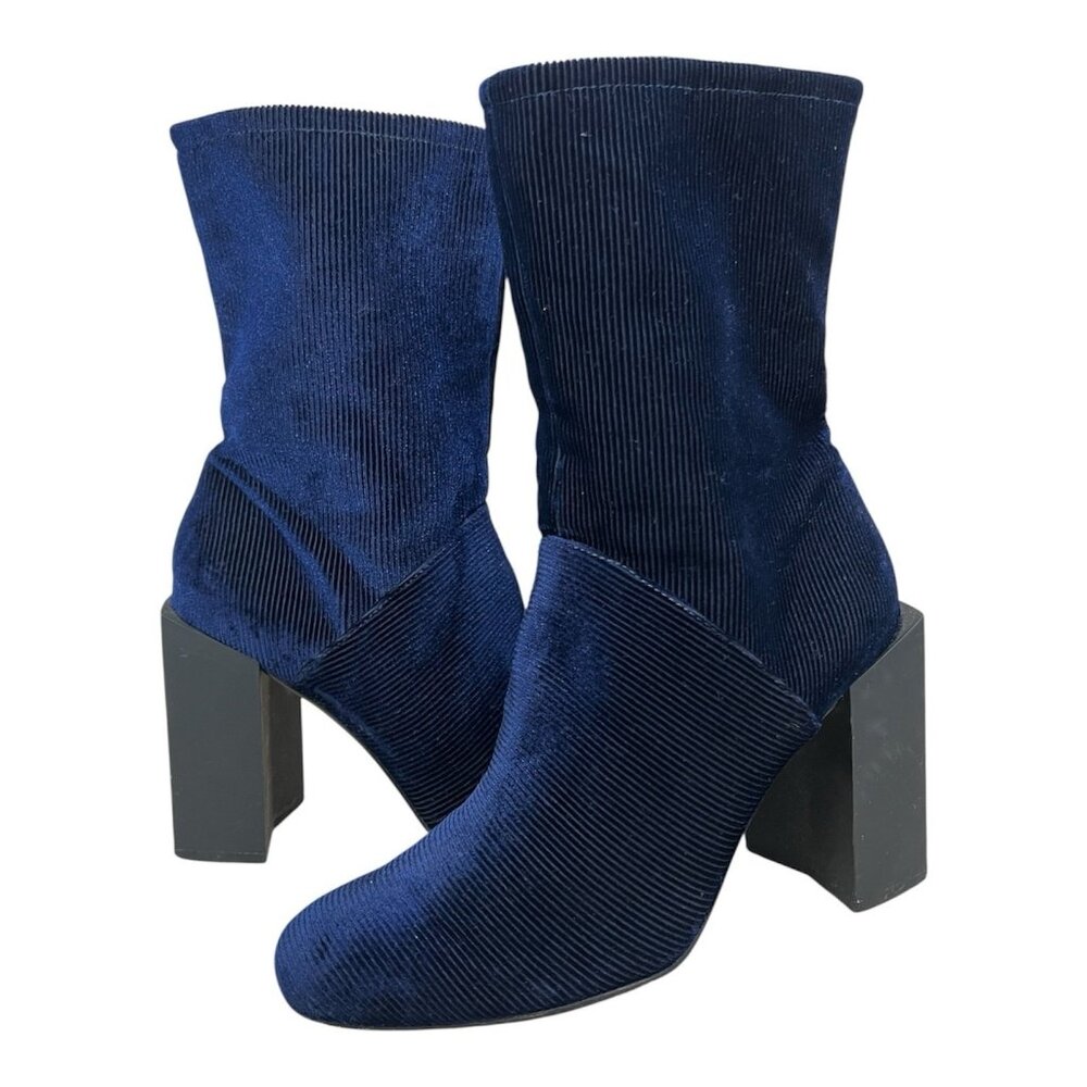 H By Halston Kandi Navy Blue Velvet Corduroy 7.5M Mid Calf Block Heel Y2K‎